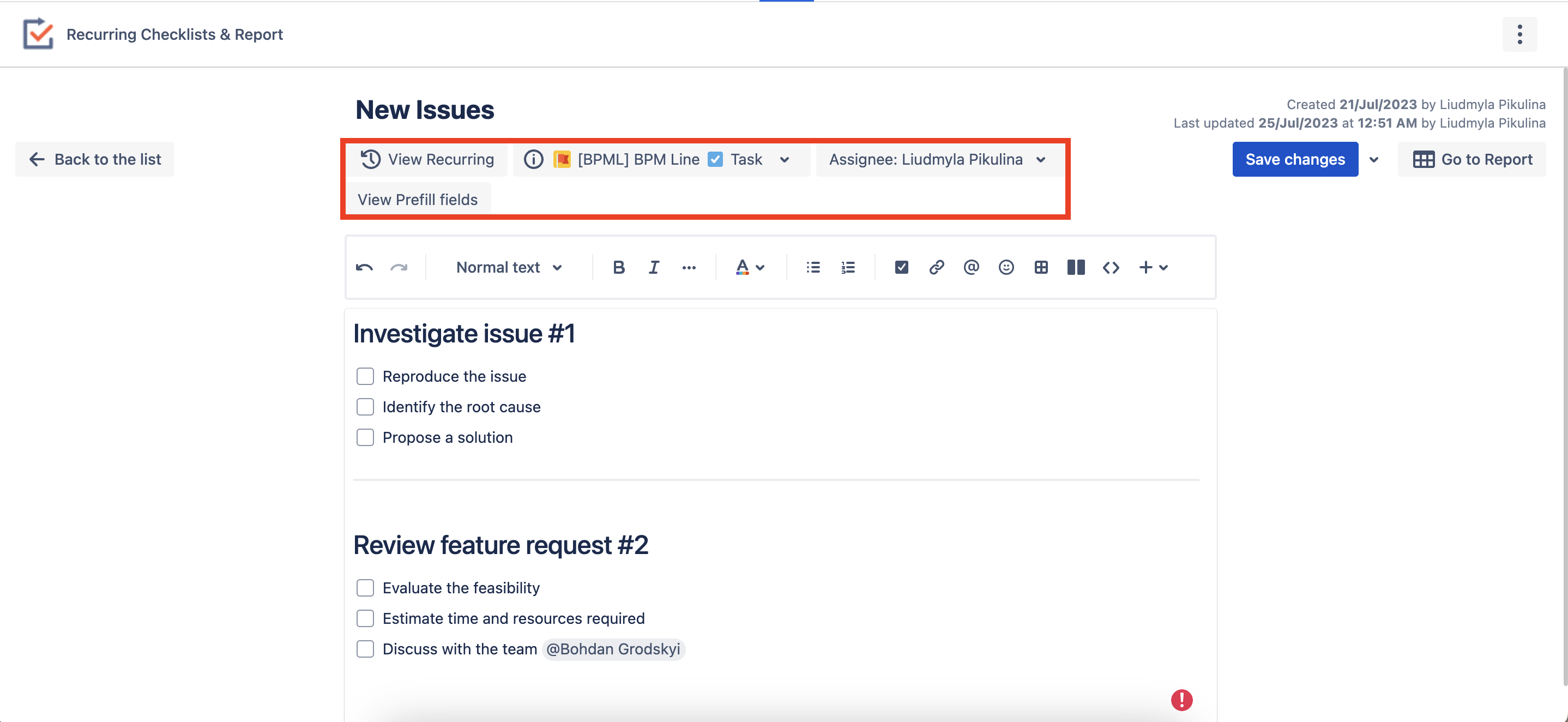 Run Now issue creation with a checklist
